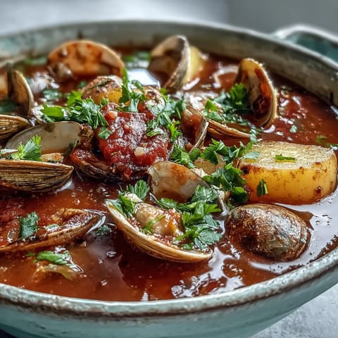 Hearty Manhattan Clam Chowder simmering in a pot, featuring vibrant tomatoes, carrots, and celery for a zesty flavor.