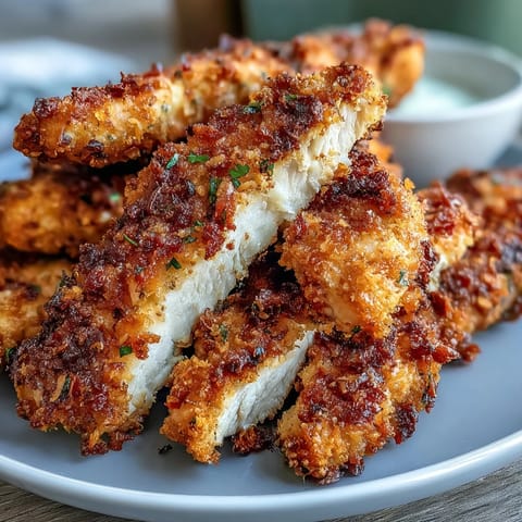 Basket of Air Fryer Chicken Strips with a golden brown crust, served fresh and hot.