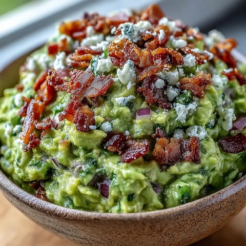 A scoop of smoky Bacon Guacamole with Cotija Cheese served with crunchy tortilla chips and lime wedges.