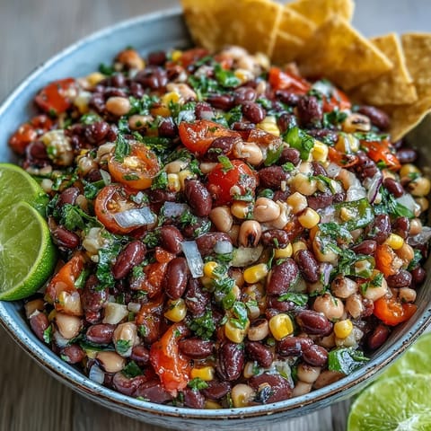 Close-up of Cowboy Caviar with diced bell peppers and jalapeños, ideal for scooping up with crispy blue corn tortilla chips.
