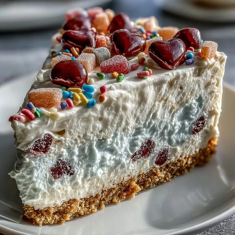 Frosted Candy Hearts Fake Cake, decorated with pastel conversation hearts and rainbow sprinkles, is served chilled on a white plate.
