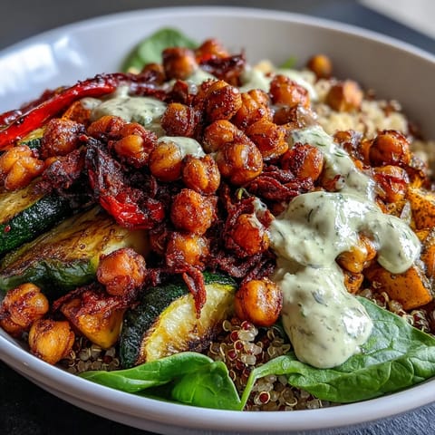Crispy chickpeas and avocado slices top this nourishing Roasted Chickpea Power Bowl served over fresh spinach.