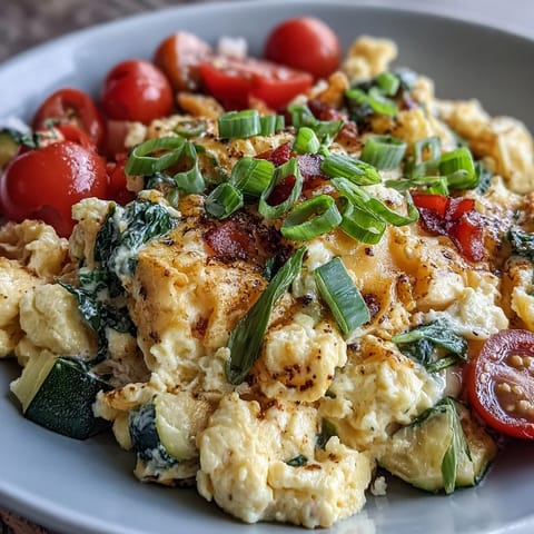 A close-up of a wholesome Scrambled Egg and Veggie Bowl, topped with sliced green onions and red pepper flakes.