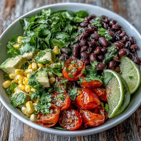 Colorful Black Bean and Veggie Bowl topped with cilantro, sweet corn, and creamy avocado, ready to serve.