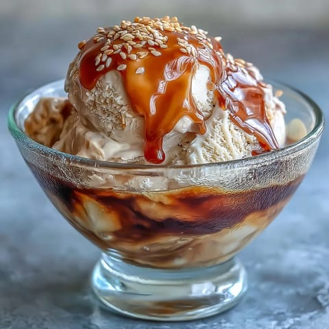 A scoop of vanilla ice cream melting into hot, roasted hojicha tea in a glass.