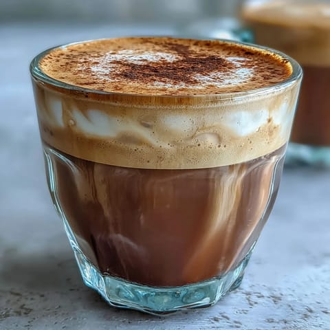 A freshly prepared Hojicha Cortado with frothy milk, served warm in a minimalist ceramic cup.