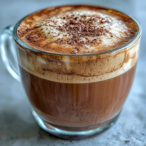 Steaming hojicha flat white with rich microfoam in a ceramic cup, topped with a sprinkle of roasted tea powder.
