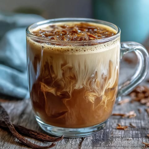 Frothy Japanese-inspired Hojicha Latte with Vanilla Extract topped with a dusting of roasted tea powder sits beside maple syrup.