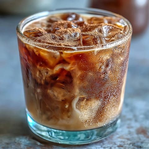 Iced Hojicha with Cinnamon in a glass filled with ice, topped with a sprinkle of ground spice.
