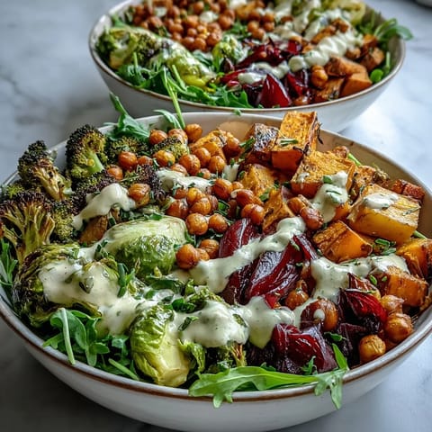 A vibrant plant-based bowl topped with creamy tahini dressing, served fresh for a healthy lunch.