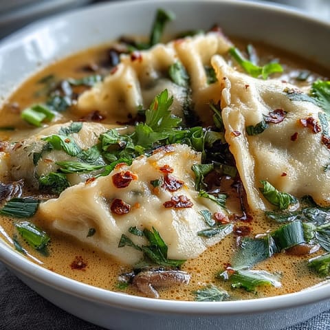 A bowl of Quick Coconut Curry Soup with Dumplings topped with fresh cilantro, scallions, and a drizzle of chili oil for spice.