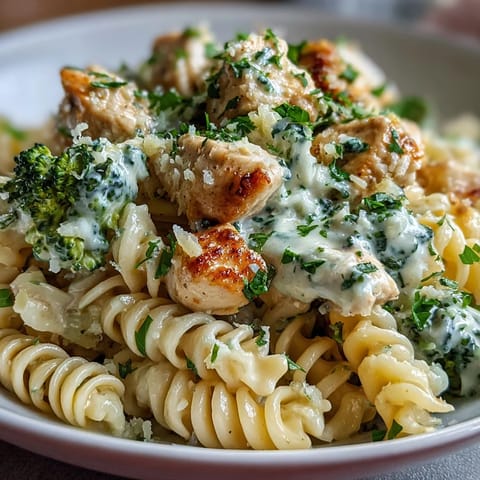 Creamy Garlic Parmesan Broccoli & Chicken Pasta in a white dish, paired with a glass of white wine.