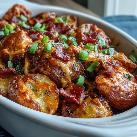 Hearty one-pan dinner of Buffalo Ranch Chicken Potato Bake served hot, topped with melted cheddar cheese, fresh green onions, and a creamy drizzle.