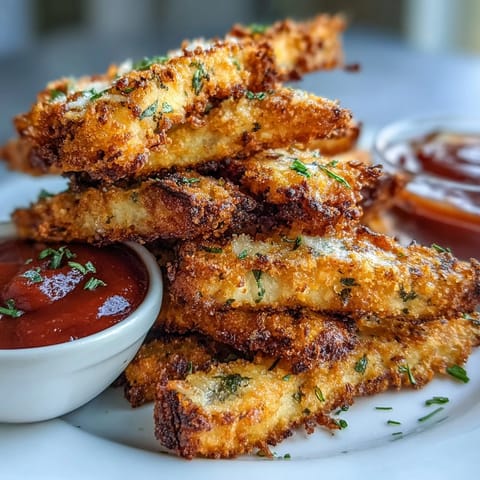 A hand holds a golden-brown Crispy Baked Chicken Parmesan Fry dipped in creamy ranch dressing.