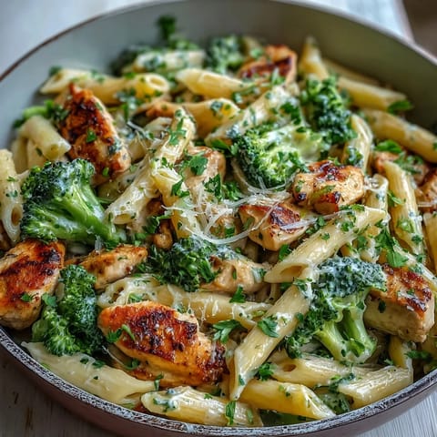 Creamy Garlic Parmesan Broccoli & Chicken Pasta in a skillet garnished with parsley.