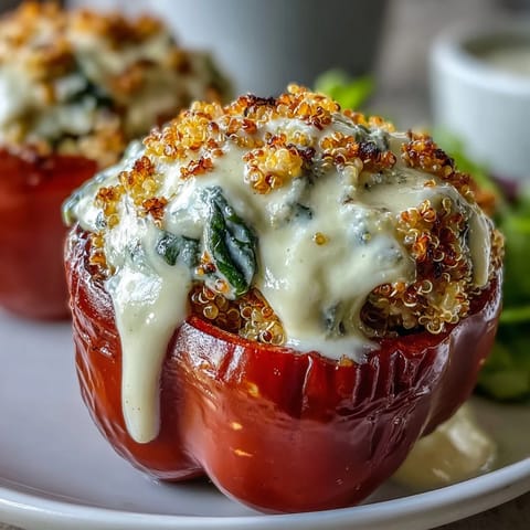 A close-up view of a single Vegan Spinach and Artichoke Stuffed Pepper, showcasing the savory filling and tender baked pepper texture.