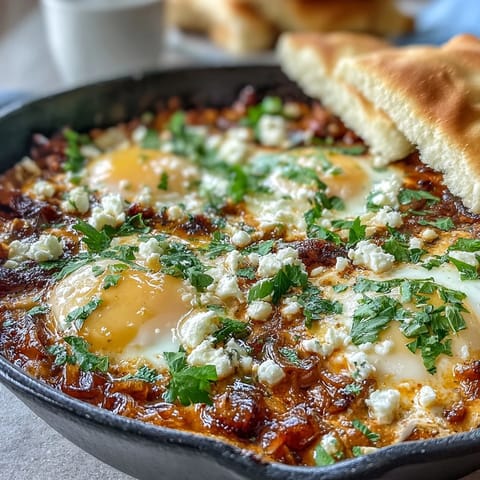 Aromatic shakshuka bowl featuring eggs simmered in rich tomato-pepper sauce, garnished with fresh herbs and feta cheese.  