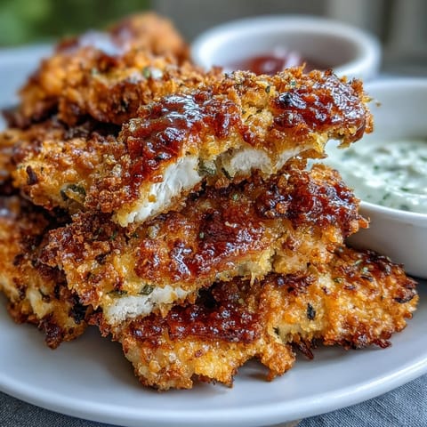 Tender chicken strips coated in Parmesan breadcrumbs, baked to perfection, and paired with zesty marinara for a flavorful Italian-American twist.  