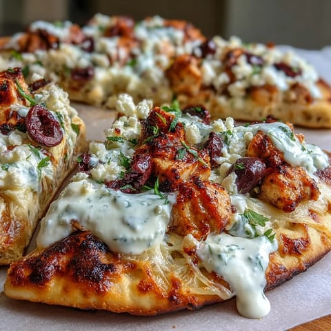 Golden Lemon Feta Chicken Naan Pizza with creamy feta, briny olives, and tzatziki drizzle, served fresh from the oven.  