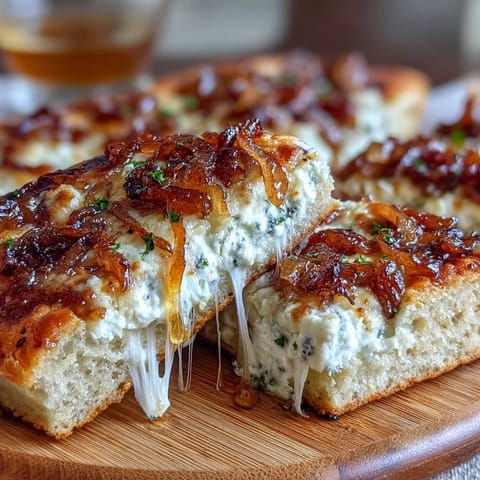 Crispy golden flatbread topped with creamy goat cheese, sweet caramelized onions, and a honey-chili drizzle for a perfect appetizer.  