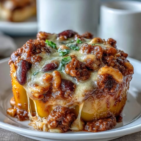 Baked Chili Mac Stuffed Peppers with bubbling cheddar cheese in colorful bell pepper cups.