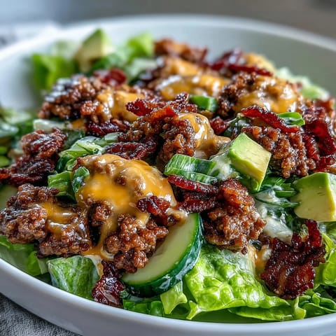 Keto bacon cheeseburger salad with avocado and pickles, featuring crisp romaine, juicy beef, and creamy avocado topped with tangy pickles and melted cheddar.