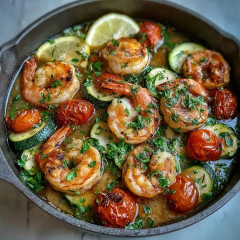 Succulent shrimp and tender zucchini tossed in a bright lemon-butter sauce, topped with fresh parsley for a healthy dinner.  