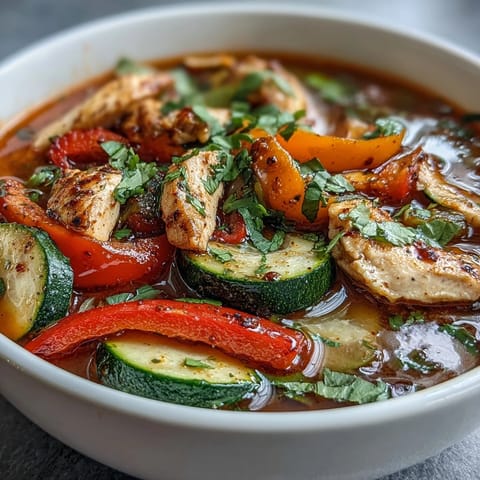 Skinny One-Pot Chicken Fajita Soup with Zucchini and Peppers in a steaming bowl, garnished with fresh cilantro and lime wedge.