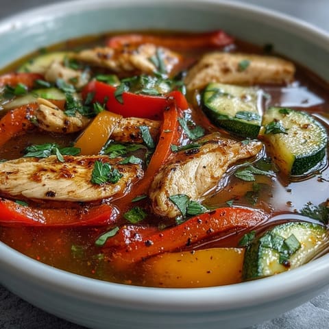 Colorful bell peppers, zucchini, and tender chicken slices simmering in a fragrant broth with fajita spices in a rustic pot.