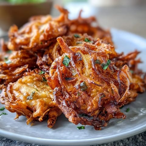 Spicy onion bhaji made in the air fryer, served with fresh cilantro and a cooling yogurt dip.  