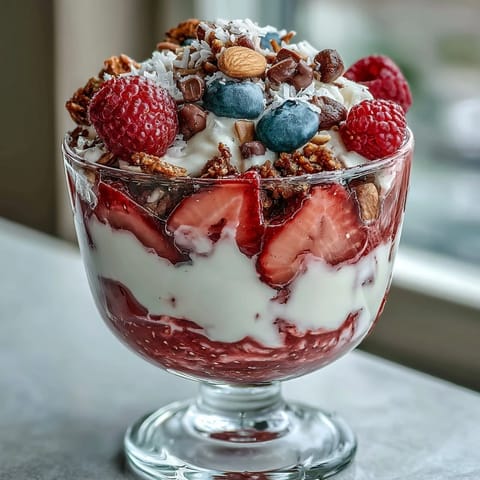 A vibrant Galentines brunch parfait bar with creamy Greek yogurt, fresh strawberries, and colorful toppings for a festive gathering.
