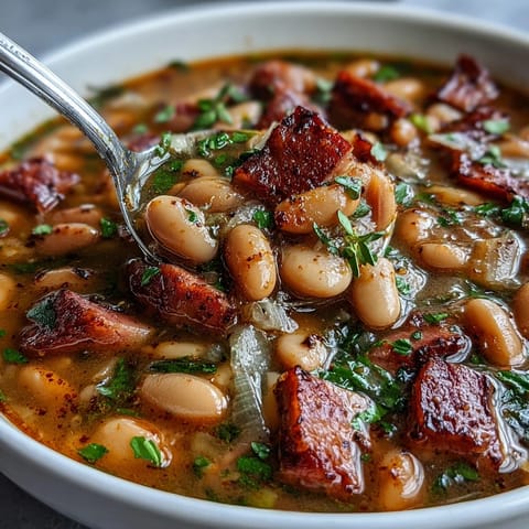 A steaming bowl of ham bone bean soup with smoky paprika, filled with tender beans and savory ham chunks, perfect for cold weather comfort.