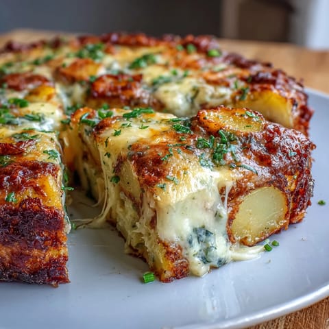 A golden-baked frittata with tender potatoes, fresh spring onions, and melted cheddar cheese—perfect for a hearty brunch or light dinner.