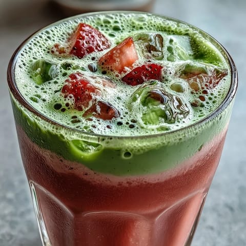 Layered strawberry matcha iced latte with sweet fruit, green tea, and chilled oat milk for a vegan treat.