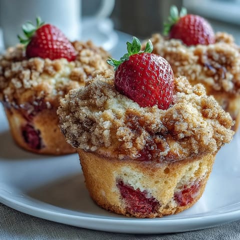 Golden-topped muffins with juicy strawberries and tangy sourdough, baked to perfection for a sweet breakfast treat.