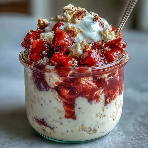 Layers of vanilla-infused oats, juicy strawberries, and whipped cream create a dreamy strawberry shortcake breakfast jar.