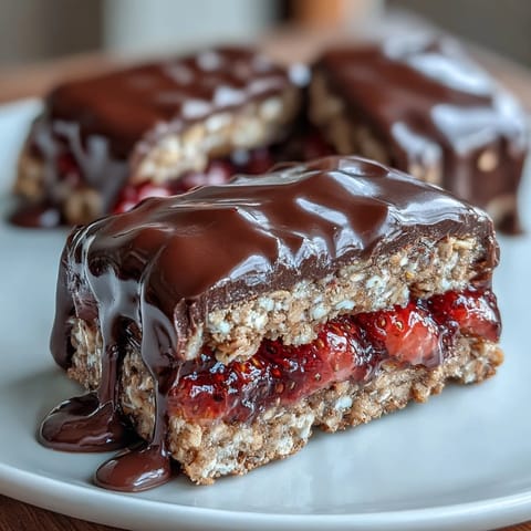 Chewy oat base topped with strawberry preserves and freeze-dried berries, finished with rich chocolate coating.  