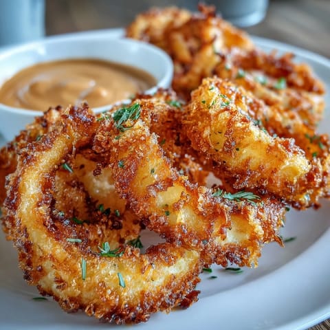 Baked onion rings with smoky paprika dip, crispy and golden, perfect for guilt-free snacking or appetizers.  