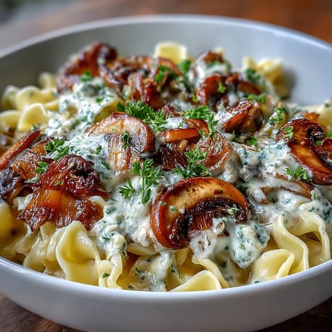 Creamy onion and mushroom stroganoff served over tender egg noodles with a rich, savory sauce.  