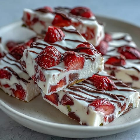 Festive Valentine Strawberry Yogurt Bark with Pistachios, featuring vibrant red strawberries and green pistachios on a smooth yogurt base.  