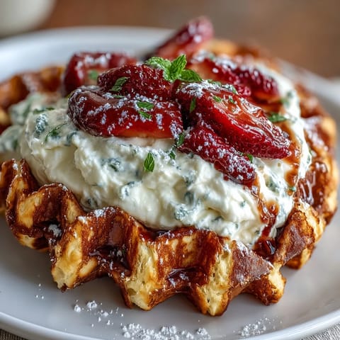 Golden waffles topped with a light cottage cheese whip and macerated strawberries, offering a protein-packed twist on a classic morning treat.
