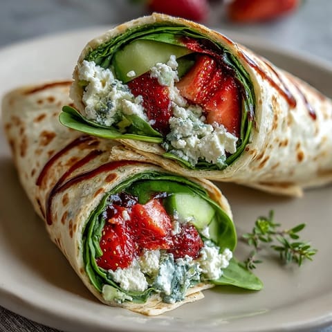 Vibrant whole wheat wraps filled with sweet strawberries, baby spinach, and tangy goat cheese, drizzled with balsamic glaze.  