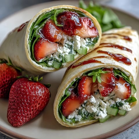 Fresh strawberry spinach wraps with creamy goat cheese crumble and balsamic glaze, ideal for a light lunch or picnic.  