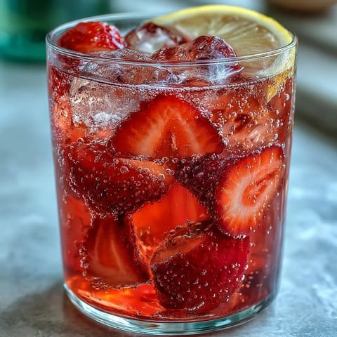 A tall glass filled with a vibrant strawberry lemonade mocktail, garnished with fresh lemon slices and whole strawberries, fizzing with sparkling water.  