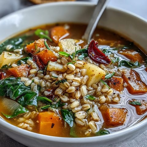 Warm Winter-to-Spring Vegetable Soup with Barley in a rustic bowl, garnished with fresh parsley and steam rising invitingly.