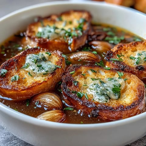 Roasted garlic and onion soup with herb croutons in a white bowl, garnished with parsley and crispy golden croutons.  
