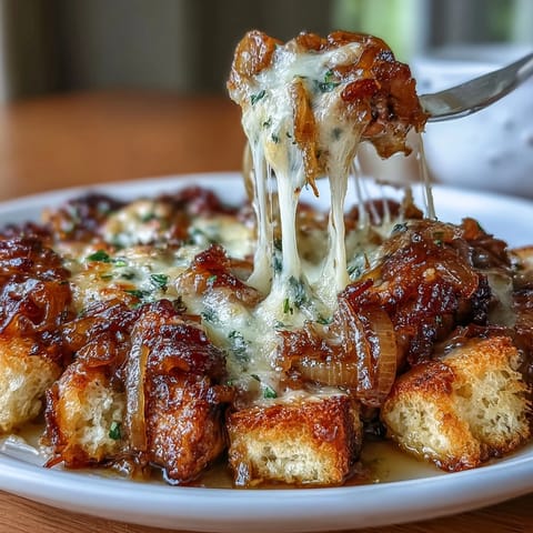 Oven-baked chicken thighs with caramelized onions and a crispy sourdough bread crust, topped with melted cheese for a hearty, comforting meal.  