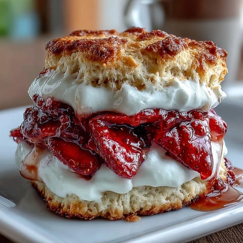 Fluffy strawberry scones layered with vanilla yogurt and fresh berries in a modern shortcake twist.
