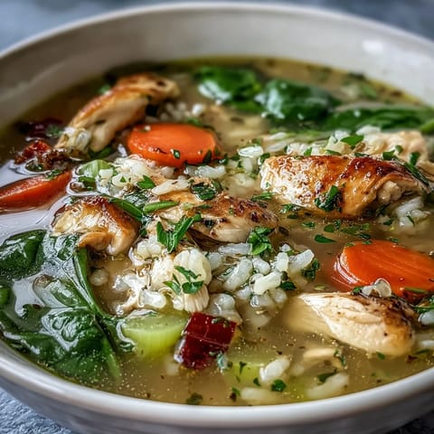 A steaming bowl of one-pot healthy chicken and rice soup filled with tender chicken, fresh vegetables, and fluffy rice in savory broth.