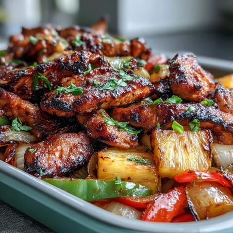 Vibrant sheet pan fajitas with juicy chicken, sweet pineapple, and colorful bell peppers, roasted to perfection for an easy Tex-Mex dinner.